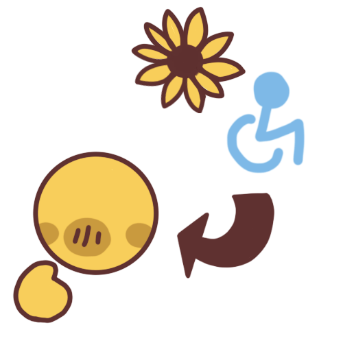  An emoji yellow person pointing to themselves with an arrow pointing from a wheelchair symbol and a sunflower to them.